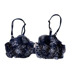 Victoria's Secret 34B Mesh Sheer Embroidered Blue Pink Unlined Demi